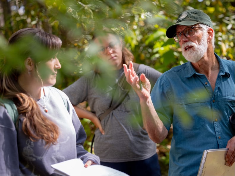 A group of varied ages studies observes trees outdoors